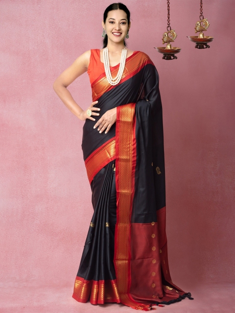 

Unnati Silks Black & Gold-Toned Woven Design Banarasi Silk Saree