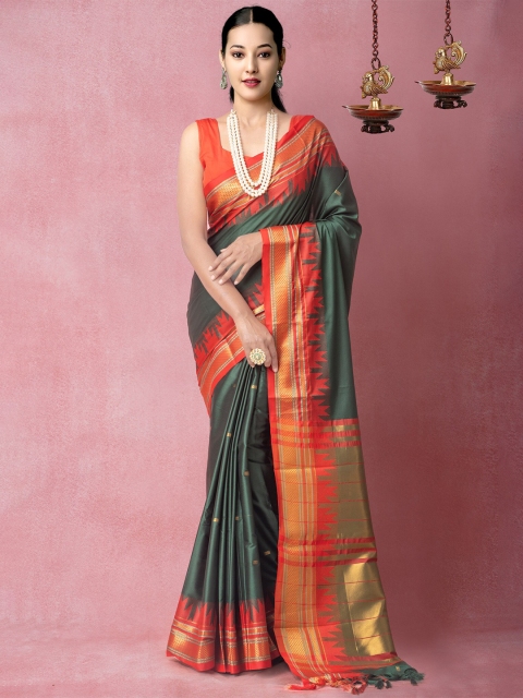 

Unnati Silks Green & Gold-Toned Woven Design Zari Silk Blend Banarasi Saree