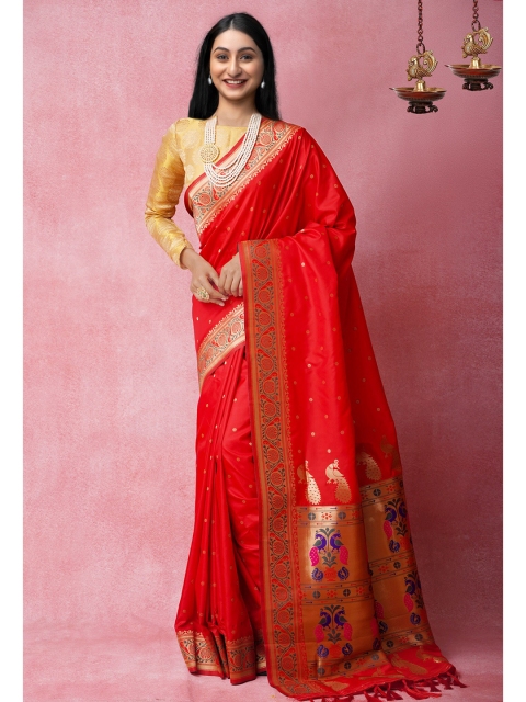 

Unnati Silks Red & Gold-Toned Ethnic Motifs Zari Silk Blend Banarasi Saree