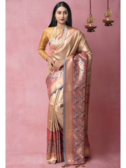 

Unnati Silks Cream-Coloured & Gold-Toned Woven Design Zari Silk Blend Banarasi Saree