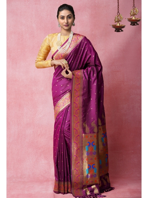 

Unnati Silks Purple & Golden Ethnic Motifs Zari Silk Blend Banarasi Saree