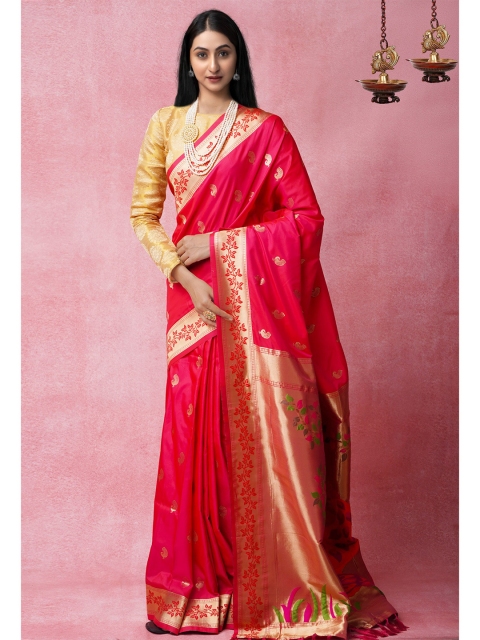 

Unnati Silks Red & Gold-Toned Woven Design Zari Silk Blend Banarasi Saree