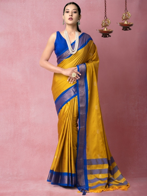 

Unnati Silks Yellow & Blue Ethnic Motifs Silk Blend Banarasi Saree