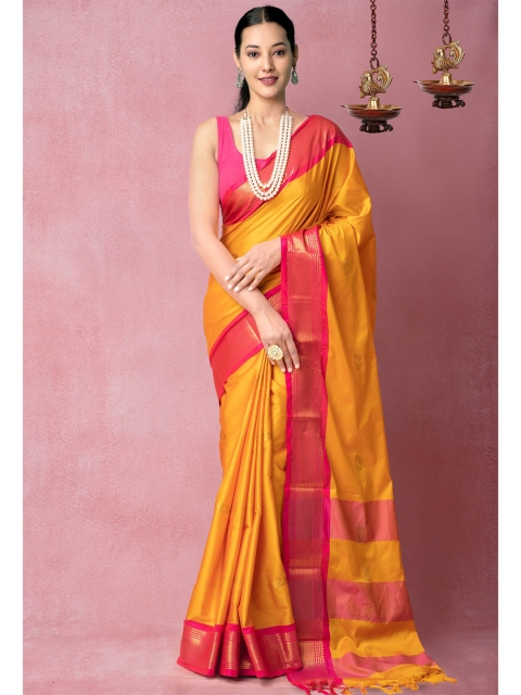 

Unnati Silks Yellow & Pink Woven Design Zari Silk Blend Banarasi Saree