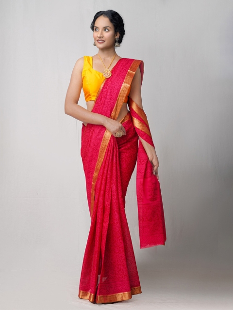 

Unnati Silks Pink & Gold-Toned Ethnic Motifs Pure Cotton Block Print Saree