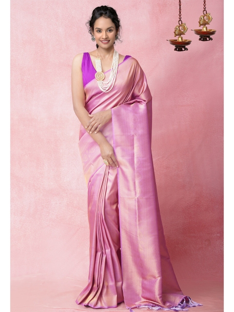 

Unnati Silks Pink & Gold-Toned Woven Design Zari Silk Blend Banarasi Saree