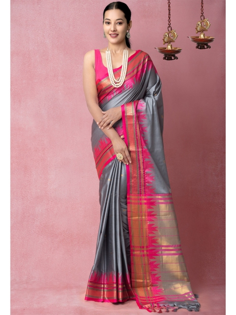 

Unnati Silks Grey & Pink Woven Design Banarasi Silk Saree