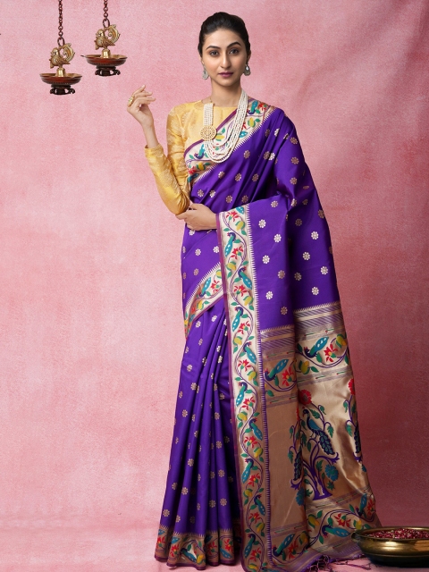 

Unnati Silks Blue & Golden Ethnic Motifs Silk Blend Banarasi Saree