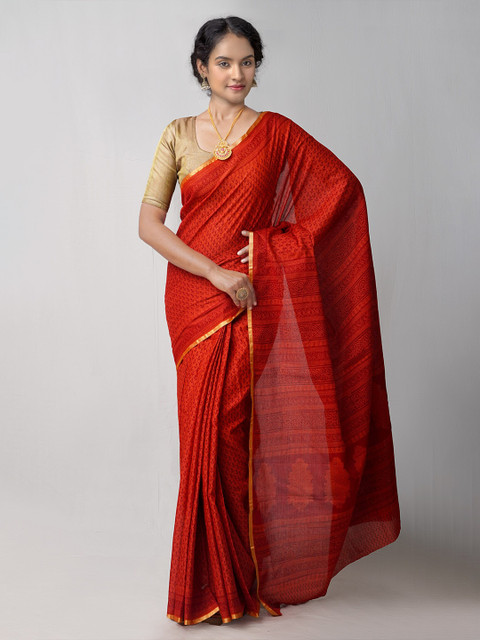 

Unnati Silks Red Ethnic Motifs Zari Pure Cotton Block Print Saree