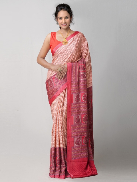 

Unnati Silks Cream-Coloured & Fuchsia Ethnic Motifs Patola Saree