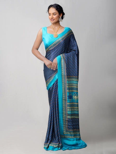 

Unnati Silks Navy Blue & Beige Ethnic Motifs Crepe Soft Silk Saree
