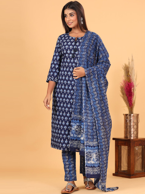 

KAAJH Women Navy Blue Ethnic Motifs Printed Pure Cotton Kurta with Trousers & With Dupatta