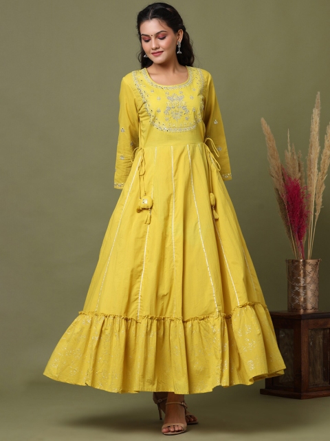 

KAAJH Women Yellow & Silver-Toned Embroidered Thread Work Anarkali Kurta