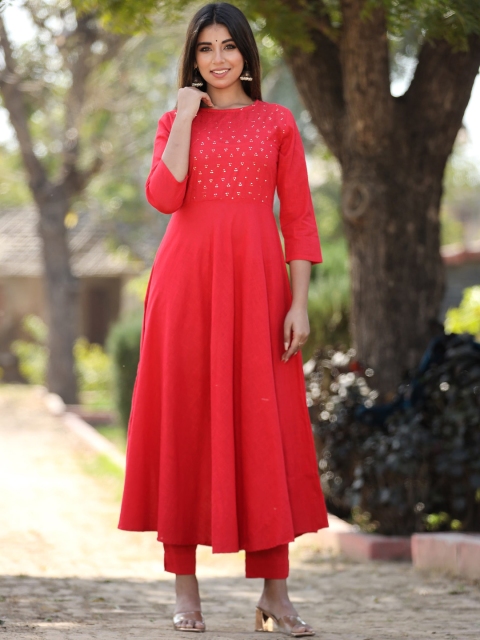 

KAAJH Women Red Yoke Embroidered Cotton Anarkali Kurta