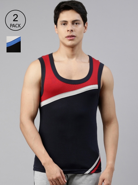 

DIXCY SCOTT Men Black & Navy Blue Solid Cotton Gym Vests Pack Of 2