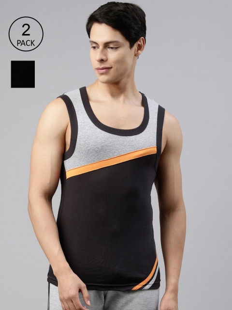 

DIXCY SCOTT Pack Of 2 Men Black & Grey Solid Pure Cotton Innerwear Gym Vests, Multi