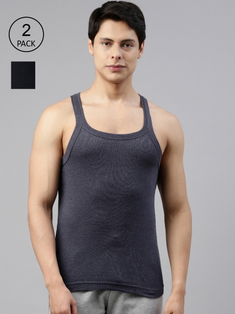 

DIXCY SCOTT Men Dark Grey & Navy Blue Pack Of 2 Solid Pure Cotton Gym Vest