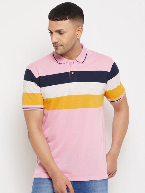 

Parcel Yard Men Pink & Navy Blue Colourblocked Polo Collar T-shirt