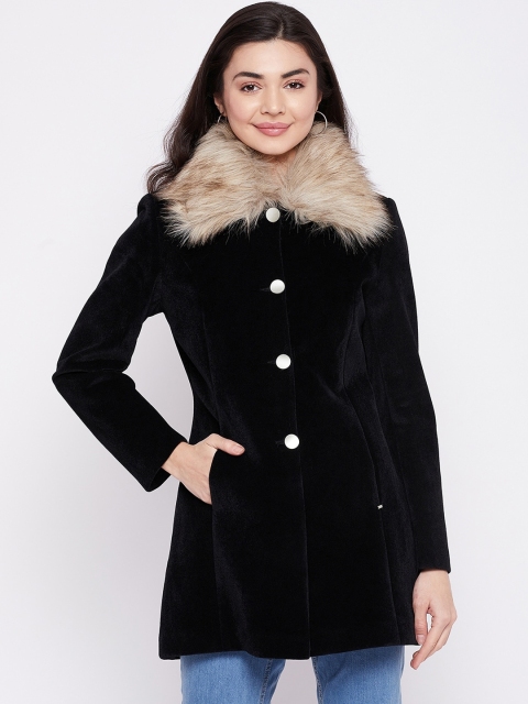 

Okane Women Black & Beige Solid Woolen Overcoat