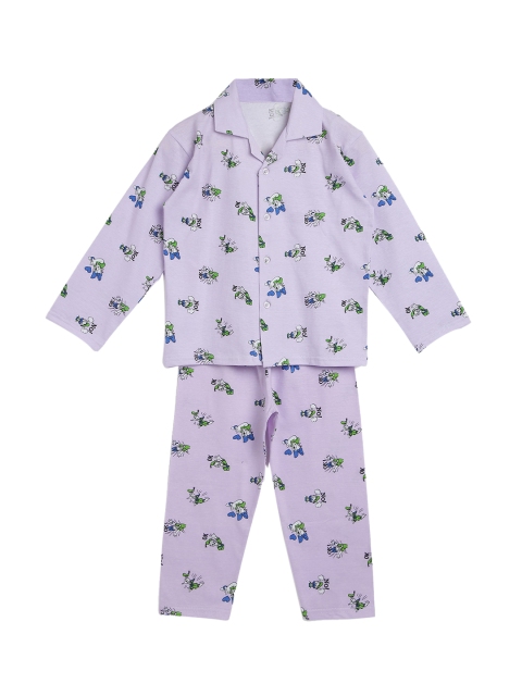 

ADIVA Girls Lavender & Green Printed Pure Cotton Night suit