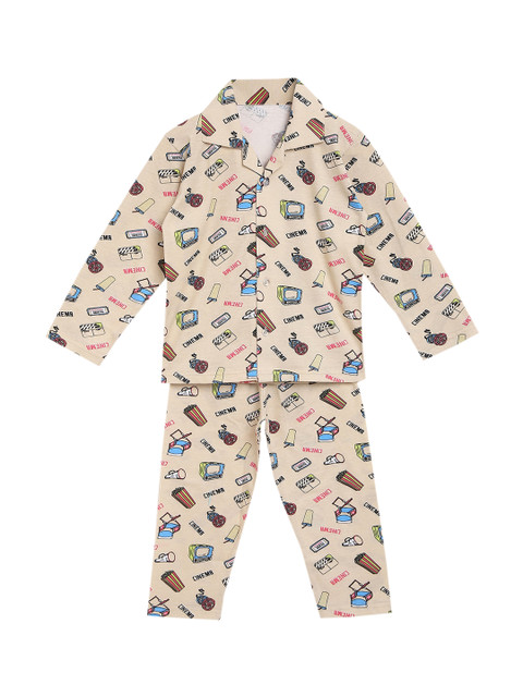 

ADIVA Girls Beige & Blue Printed Night suit