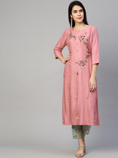 

FASHOR Women Pink Floral Embroidered Straight Kurta