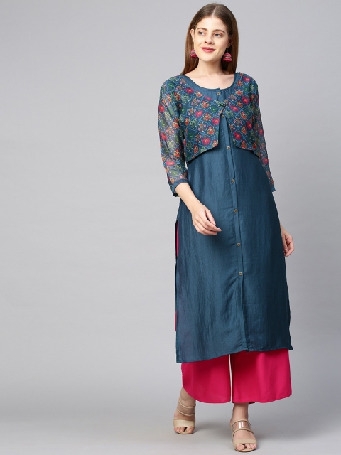 

FASHOR Women Blue Floral Printed Chanderi Silk Chanderi Silk Kurta with Jacket