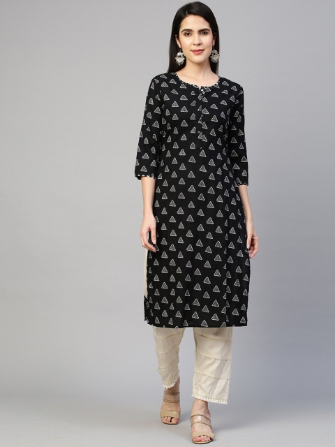 

FASHOR Women Black & White Printed Round Neck Cotton Straight Kurta