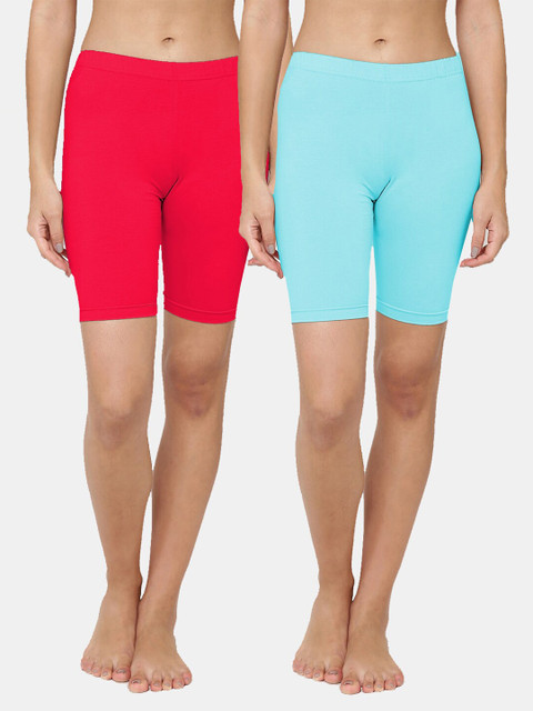 

Leading Lady Women Turquoise Blue & Magenta 2 High-Rise Cotton Lounge Shorts