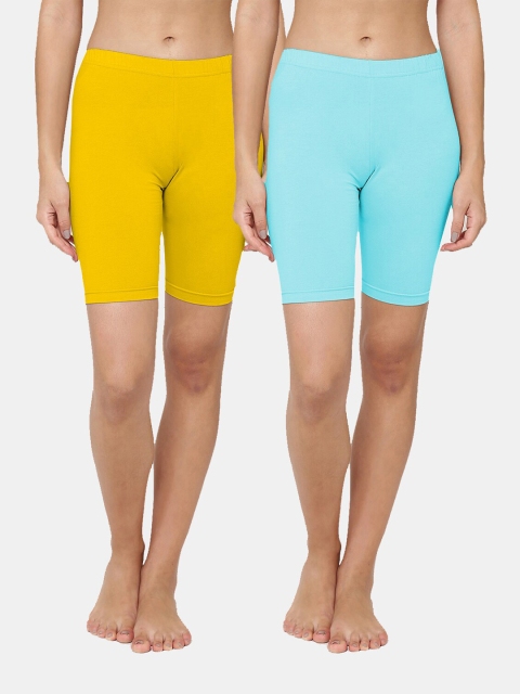 

Leading Lady Women Turquoise Blue & Yellow 2 High-Rise Lounge Shorts