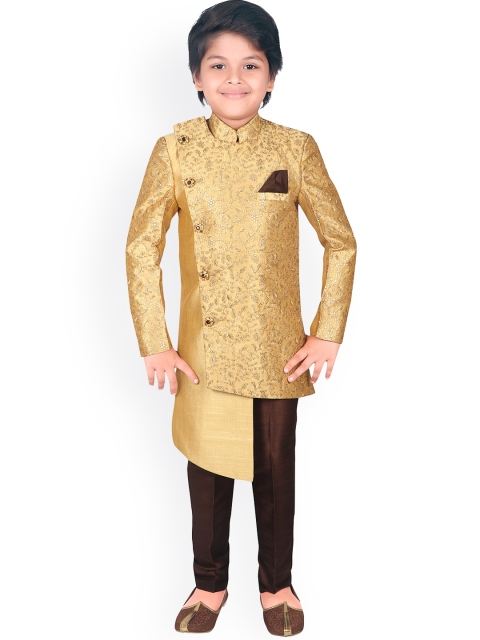 

ahhaaaa Boys Gold-Coloured & Brown Printed Sherwani Set