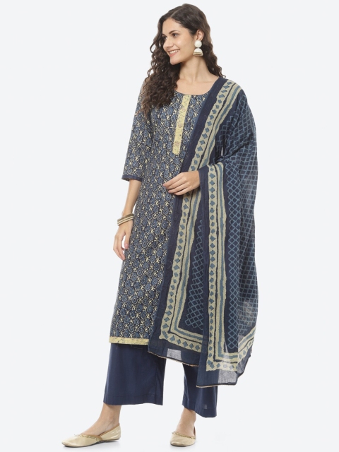 

Biba Navy Blue & Beige Printed Pure Cotton Unstitched Dress Material