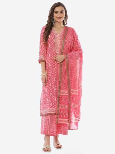 

Biba Pink & Off White Printed Pure Cotton Unstitched Dress Material