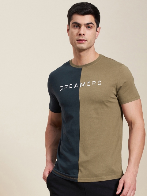 

MASCLN SASSAFRAS Men Navy Blue & Khaki Pure Cotton Colourblocked T-shirt