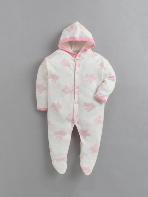 

The Magic Wand Infant Kids White & Pink Printed Cotton Hooded Sleepsuit