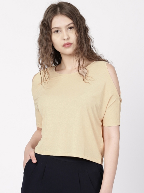 

ether Women Beige Solid Cold-Shoulder T-shirt