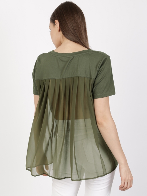 

ether Women Olive Green Solid Round Neck Style-Back T-shirt