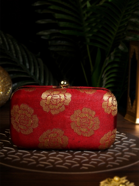 

TRINK Red & Gold-Toned Embroidered Box Clutch