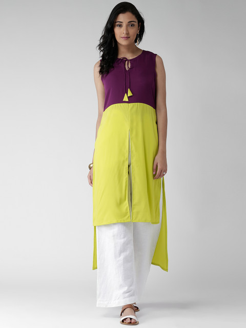 

GERUA Women Purple & Lime Green Colourblocked Straight Kurta