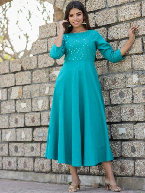 

KAAJH Women Teal Green Yoke Embroidered Cotton Anarkali Dress
