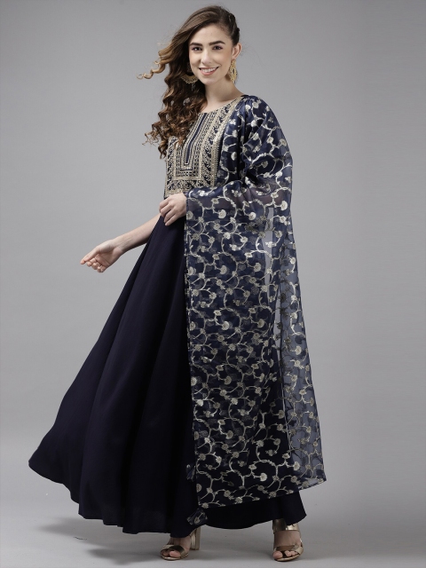 

Indo Era Navy Blue Ethnic Motifs Woven Design Organza Dupatta