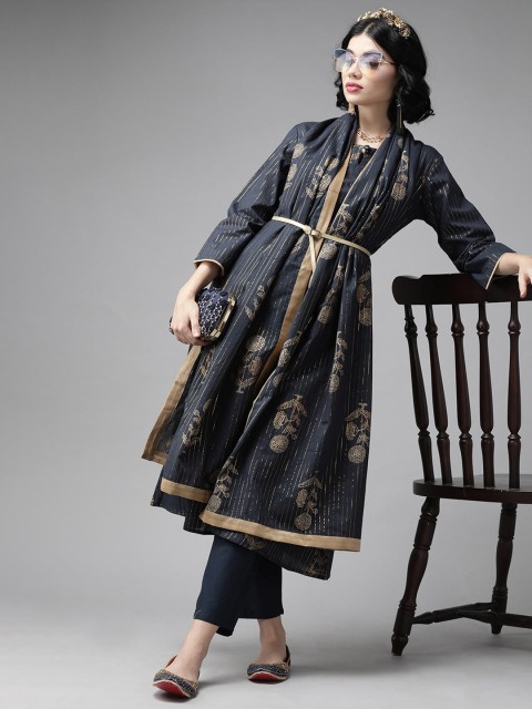 

Indo Era Navy Blue & Golden Ethnic Motifs Printed Dupatta with Zari