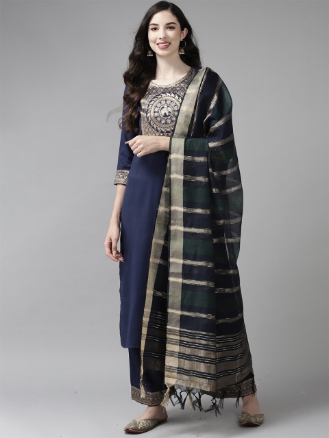 

Indo Era Navy Blue & Green Woven Design Art Silk Dupatta