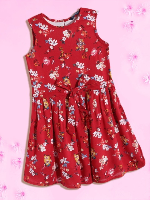 

Allen Solly Junior Girls Maroon & Blue Floral Print Fit & Flare Dress with Belt