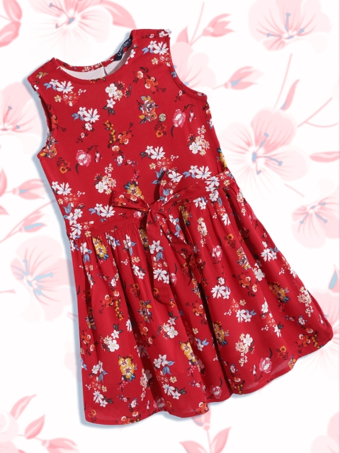 

Allen Solly Junior Girls Maroon & Blue Floral Print Fit & Flare Dress with Belt