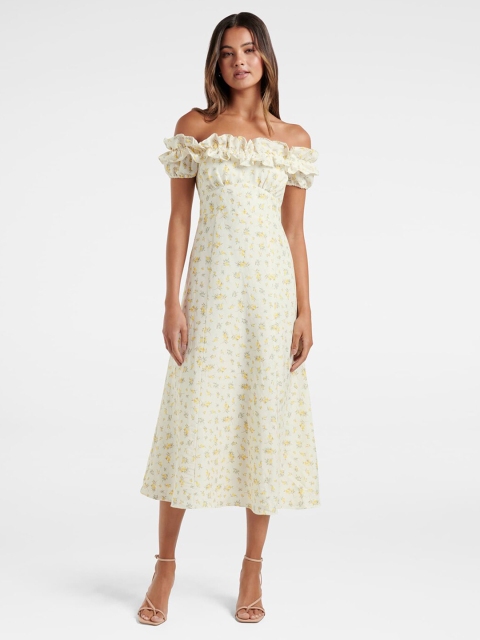 

Forever New White Floral Off-Shoulder A-Line Midi Dress