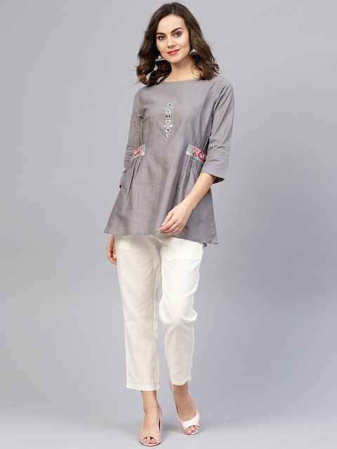 

Indo Era Women Grey Pleated Thread Work Pure Cotton Kurti with Trousers