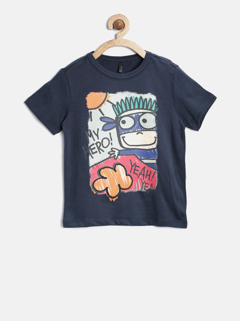

United Colors of Benetton Boys Navy Printed Round Neck T-shirt, Navy blue