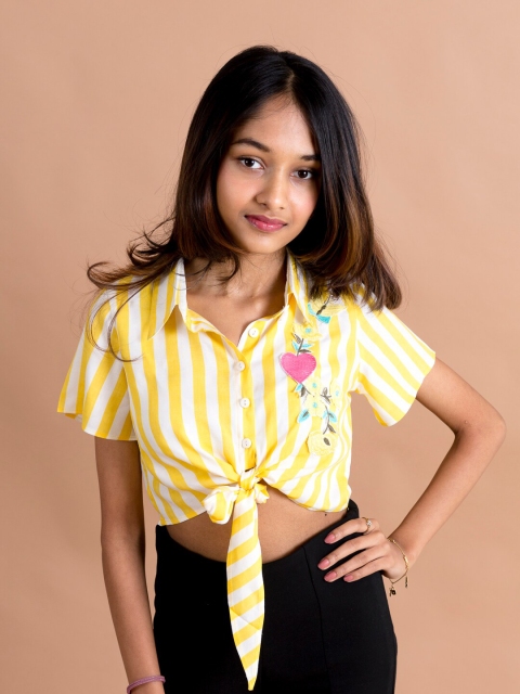 

pspeaches Girls Yellow & White Striped Applique Shirt Style Crop Top