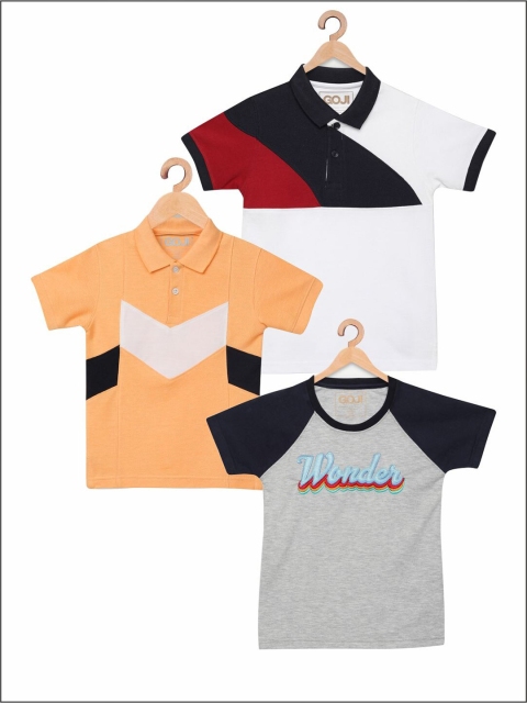 

GOJI Kids Peach-Coloured & White Pack of 3 Colourblocked Polo Collar Cotton T-shirt